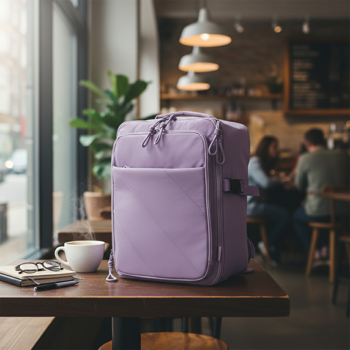 Mochila lavanda sobre mesa de madera en cafetería con café humeante al lado.