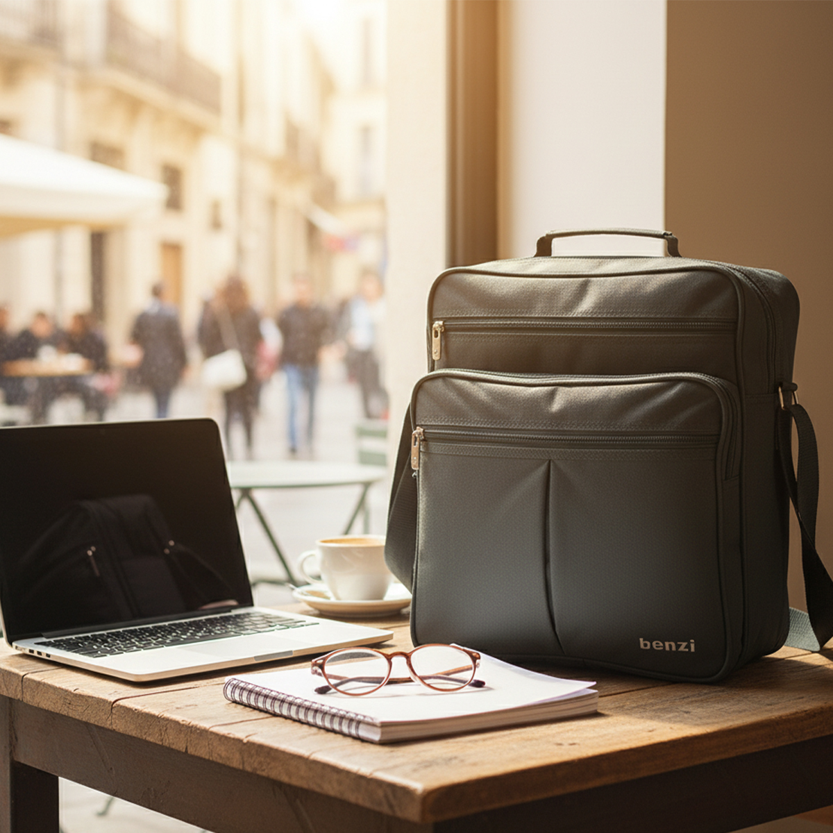 Bolso para portátil, portátil, gafas y café en una mesa exterior.