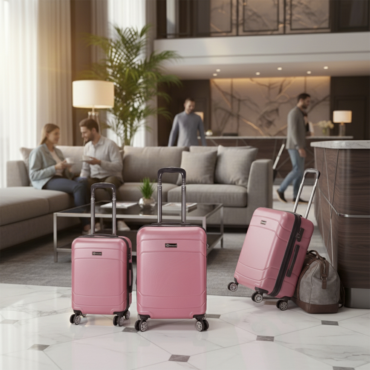 Tres maletas rosas y un bolso de viaje en un vestíbulo.