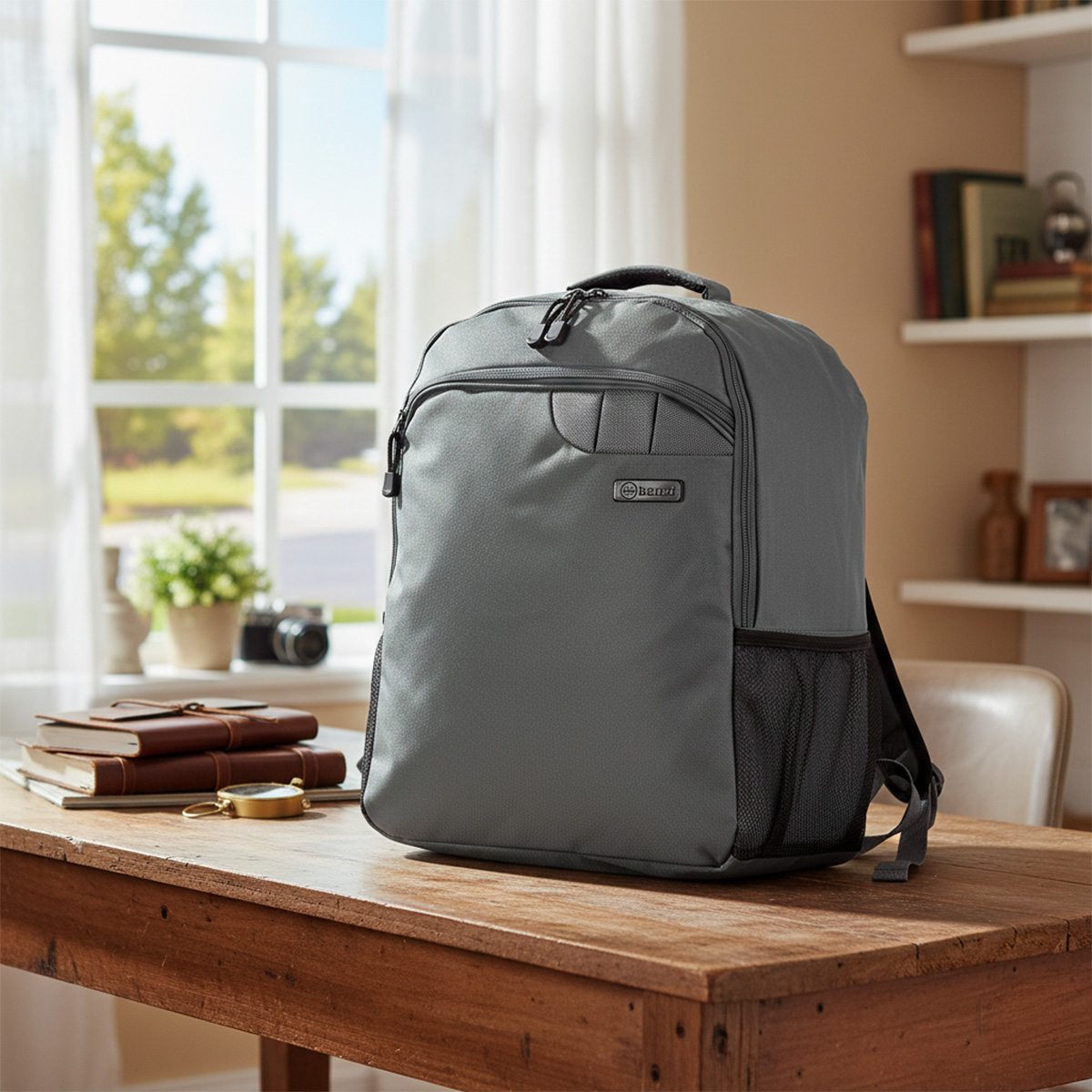 Mochila gris sobre mesa de madera con libros y brújula.
