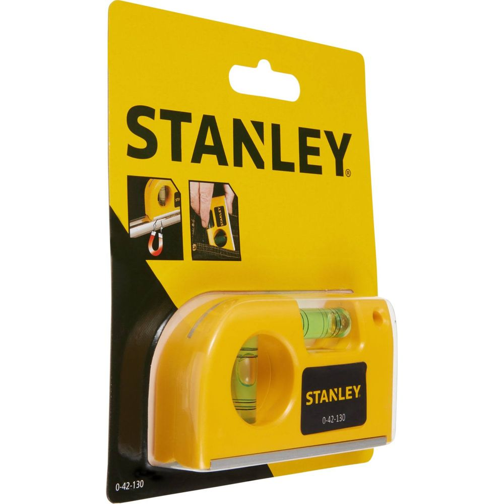 Confezione gialla di livella Stanley con attrezzo e istruzioni.