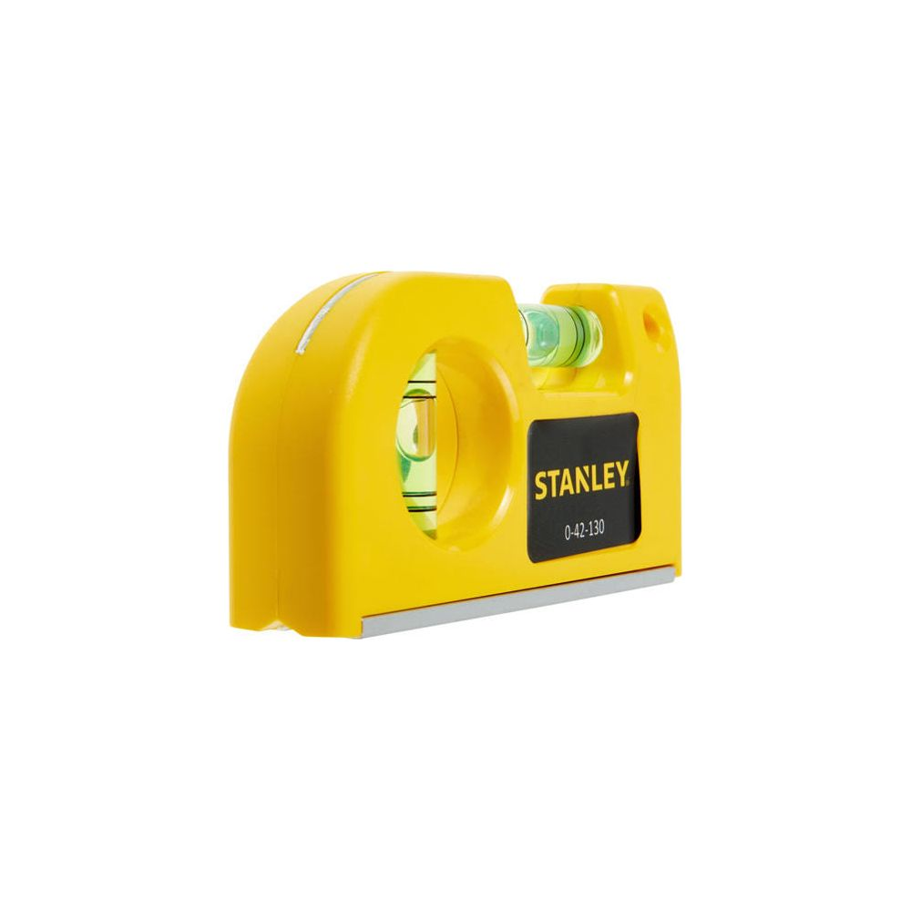 Livella a bolla gialla con due fiale e logo Stanley nero.