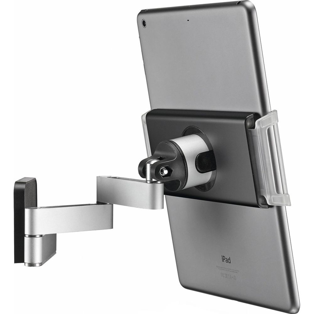 Srebrny uchwyt na tablet z regulowanym ramieniem zamontowany na ścianie.