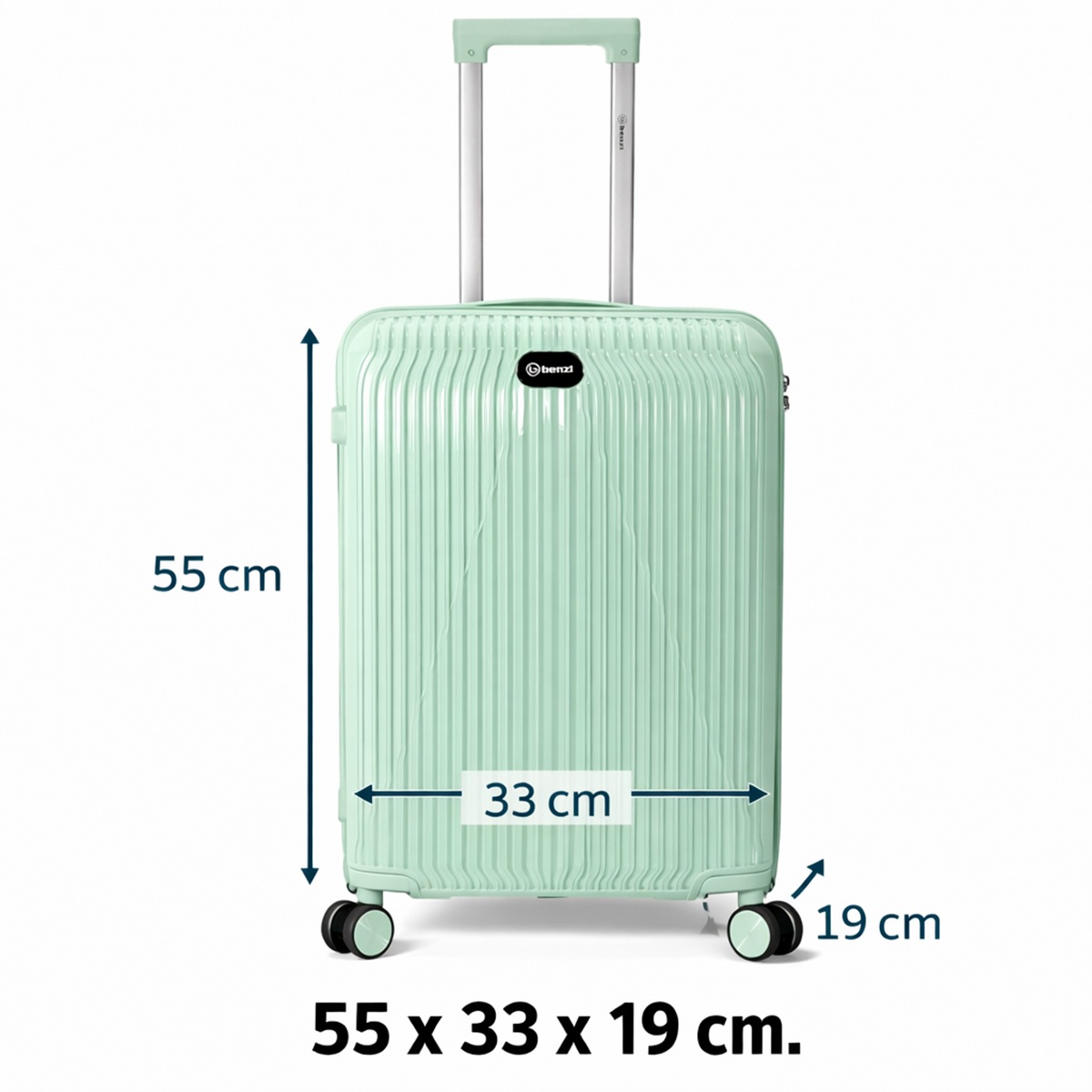Una maleta verde menta con asa extensible y ruedas.