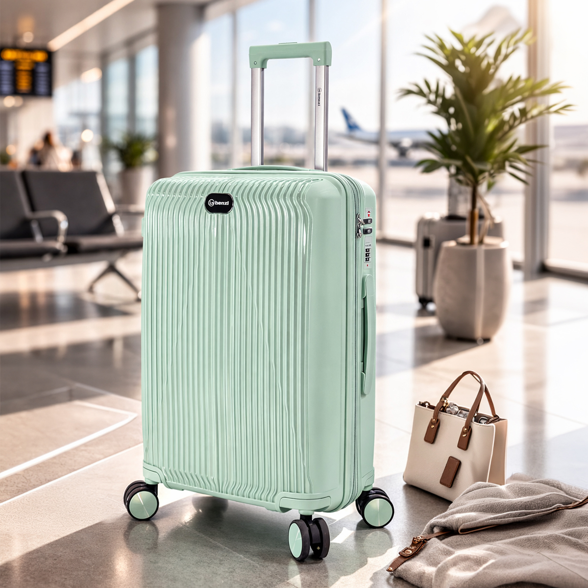 Una maleta verde menta en una terminal de aeropuerto, con un bolso al lado.