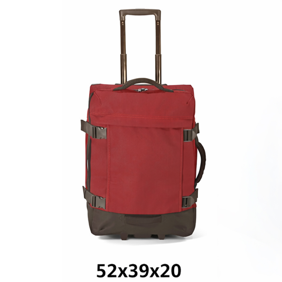 Maleta roja con base marrón, asa extensible y ruedas.