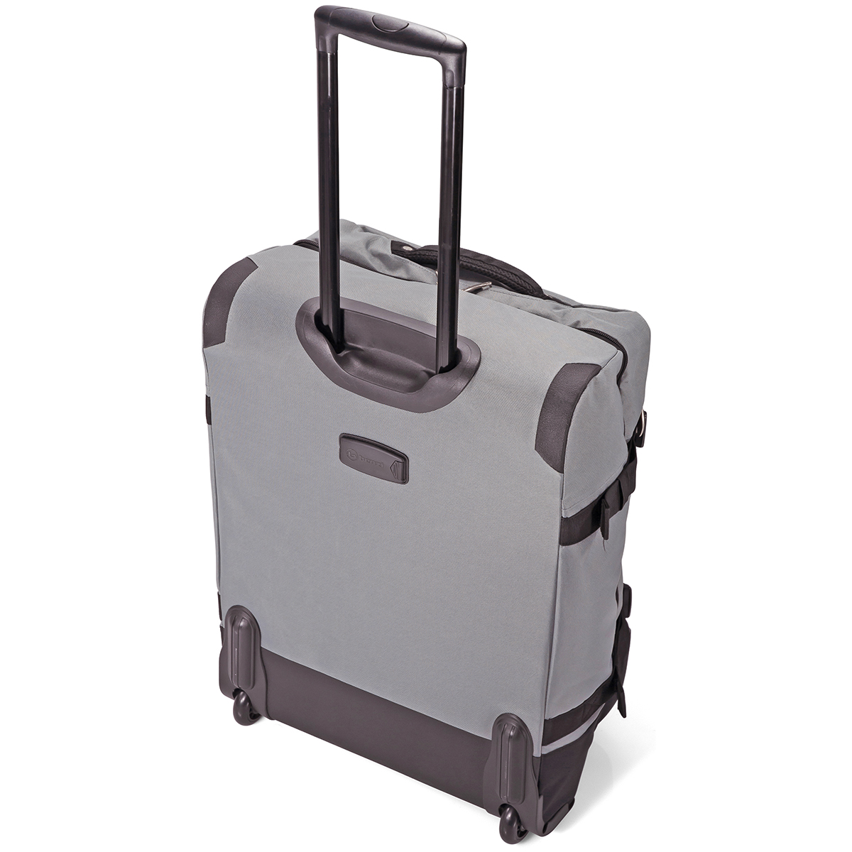 Maleta gris con ruedas y asa extensible, con detalles oscuros.