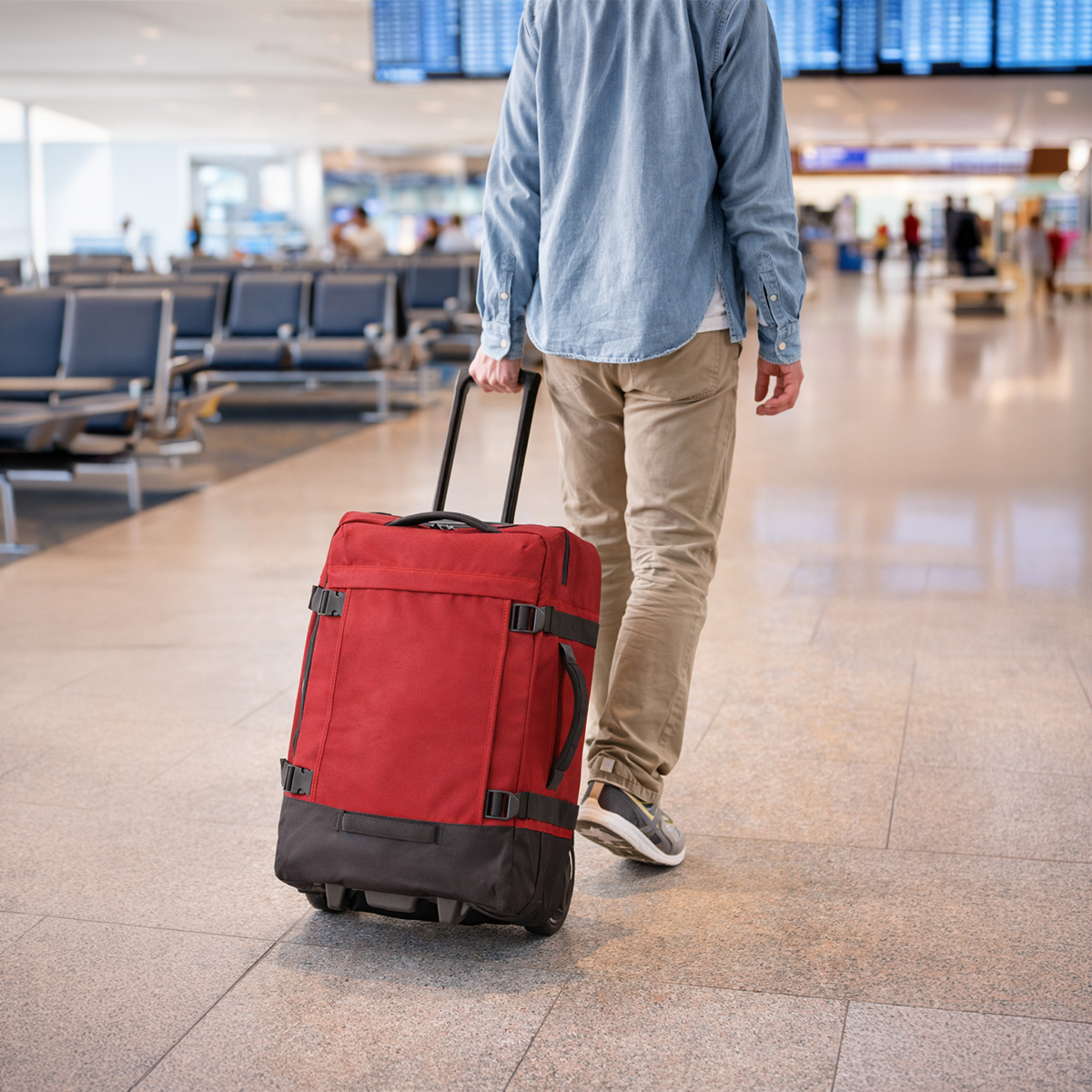 Un hombre arrastra una maleta roja por un aeropuerto concurrido.