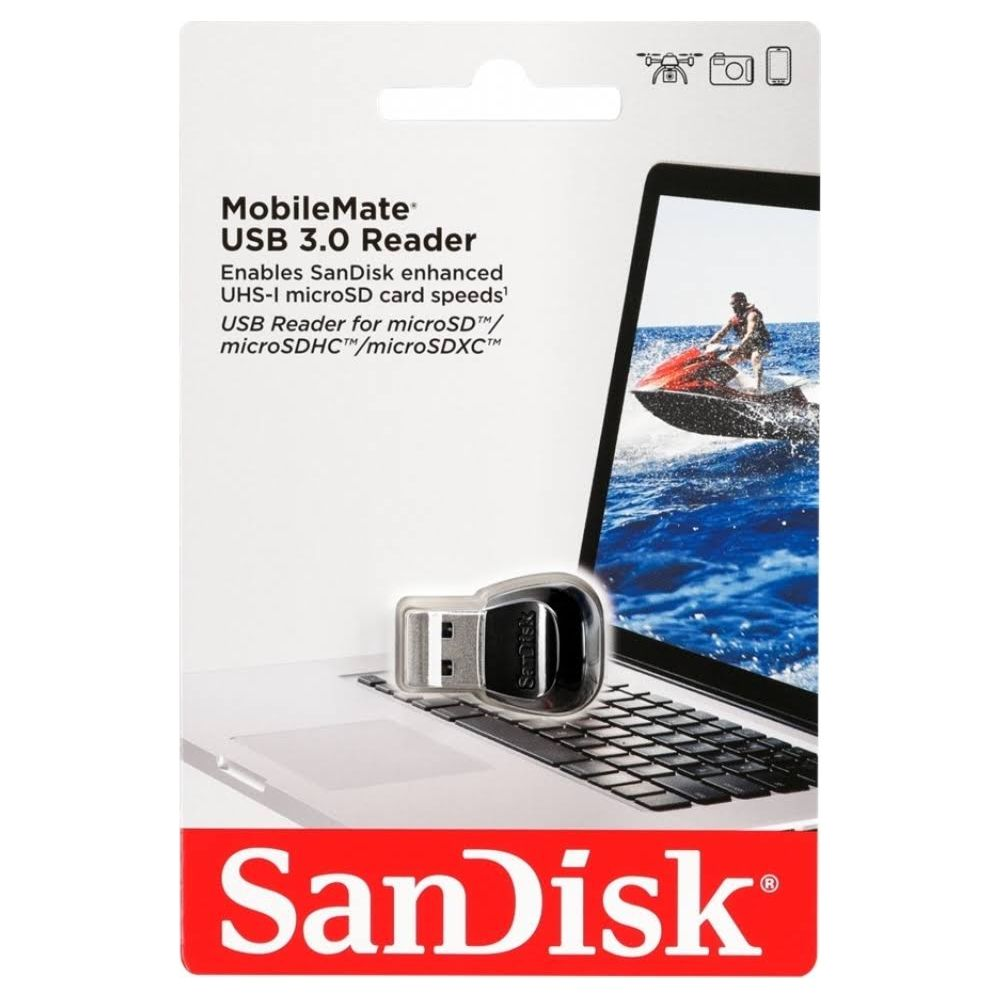 SanDisk MobileMate USB 3.0 Kartenleser auf Laptop mit Jetski-Bild auf dem Bildschirm.
