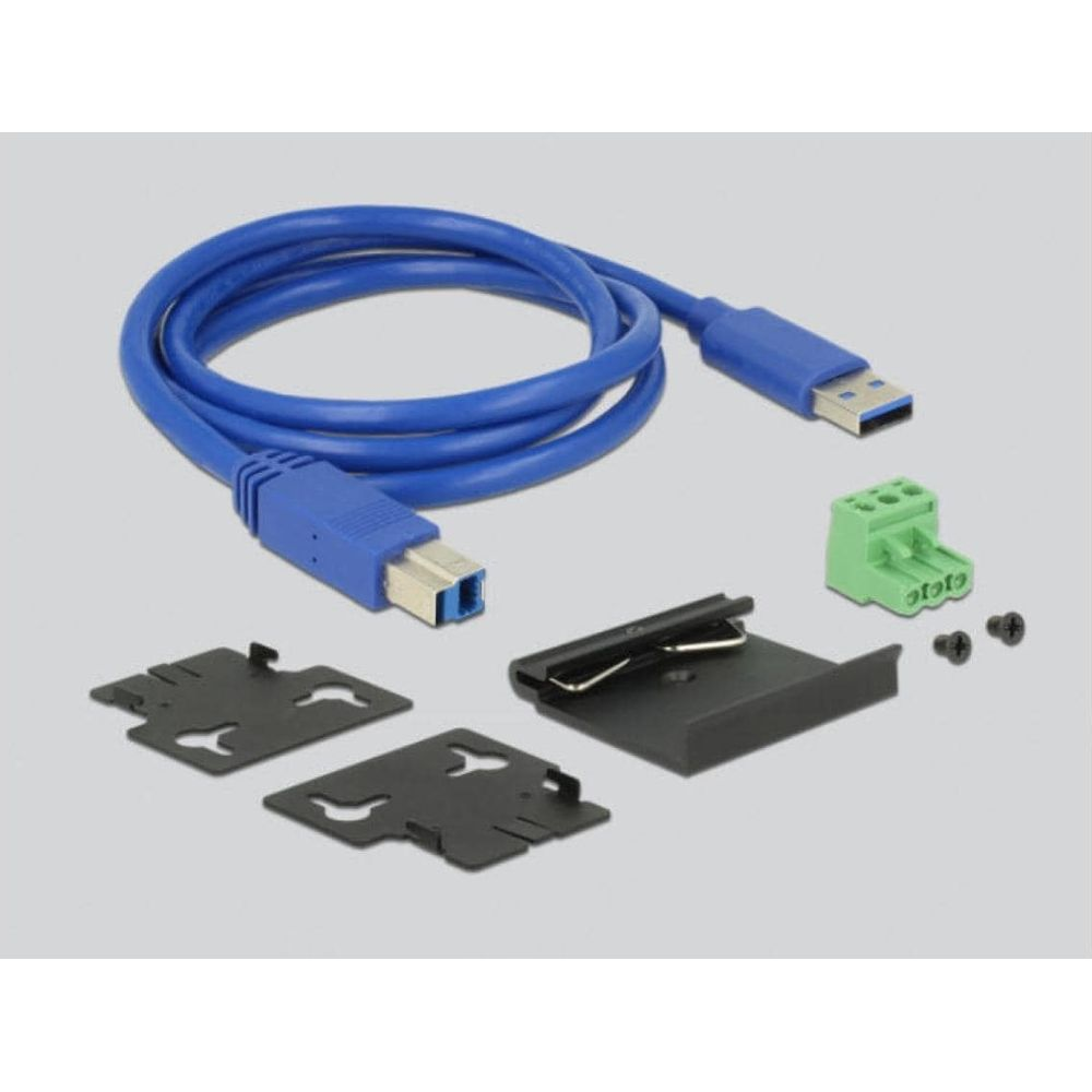 Blaues USB-Kabel mit Zubehör: Halterung, Stecker und Schrauben.