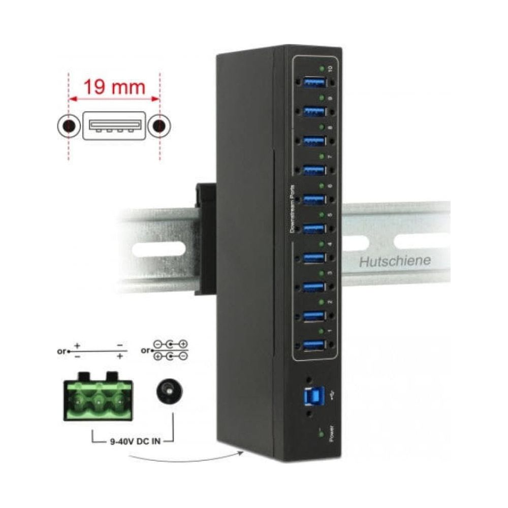 Schwarzer 10-Port USB-Hub an Hutschiene montiert, mit DC-Eingang und USB-A-Anschluss.