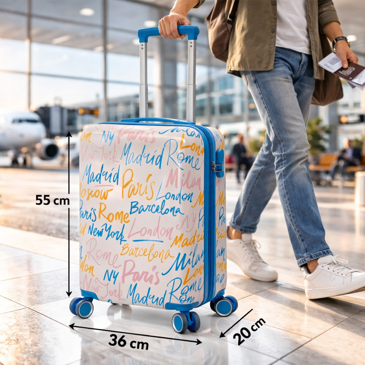 Una persona camina por un aeropuerto con una maleta cubierta de nombres de ciudades. Dimensiones mostradas.