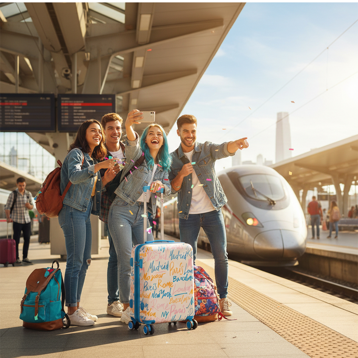 Cuatro amigos se toman una selfie en una estación de tren con un tren de fondo.