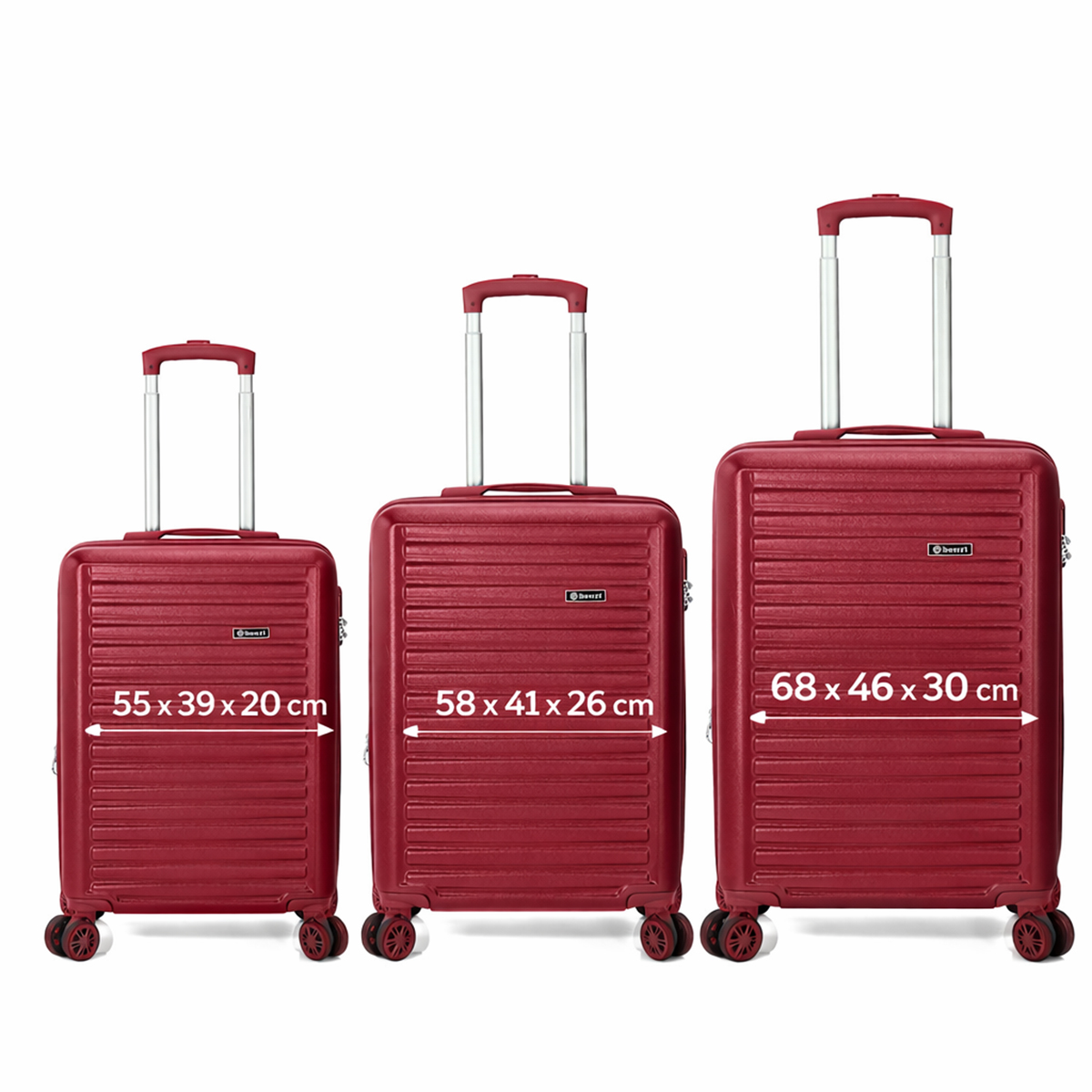 Tres maletas rojas de diferentes tamaños con ruedas.