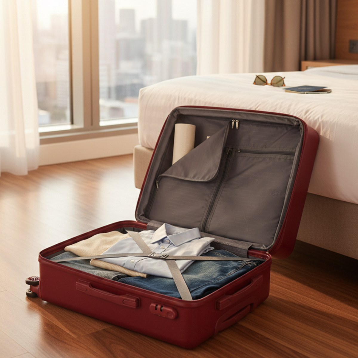 Una maleta roja abierta llena de ropa. Una cama y una ventana al fondo.