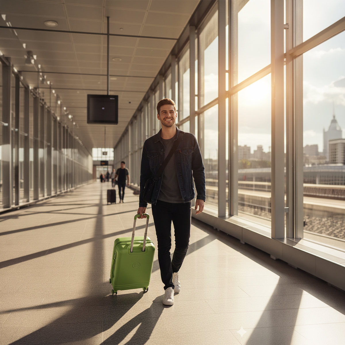 Hombre con maleta verde camina por pasillo de aeropuerto soleado.