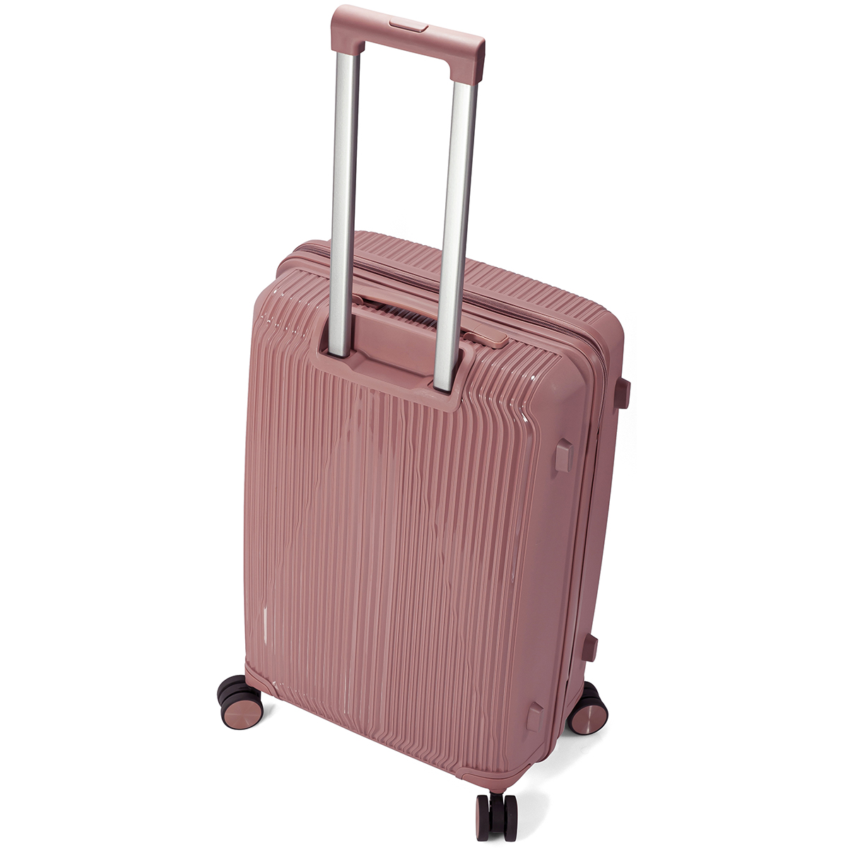 Una maleta rosa con ruedas y asa retráctil.