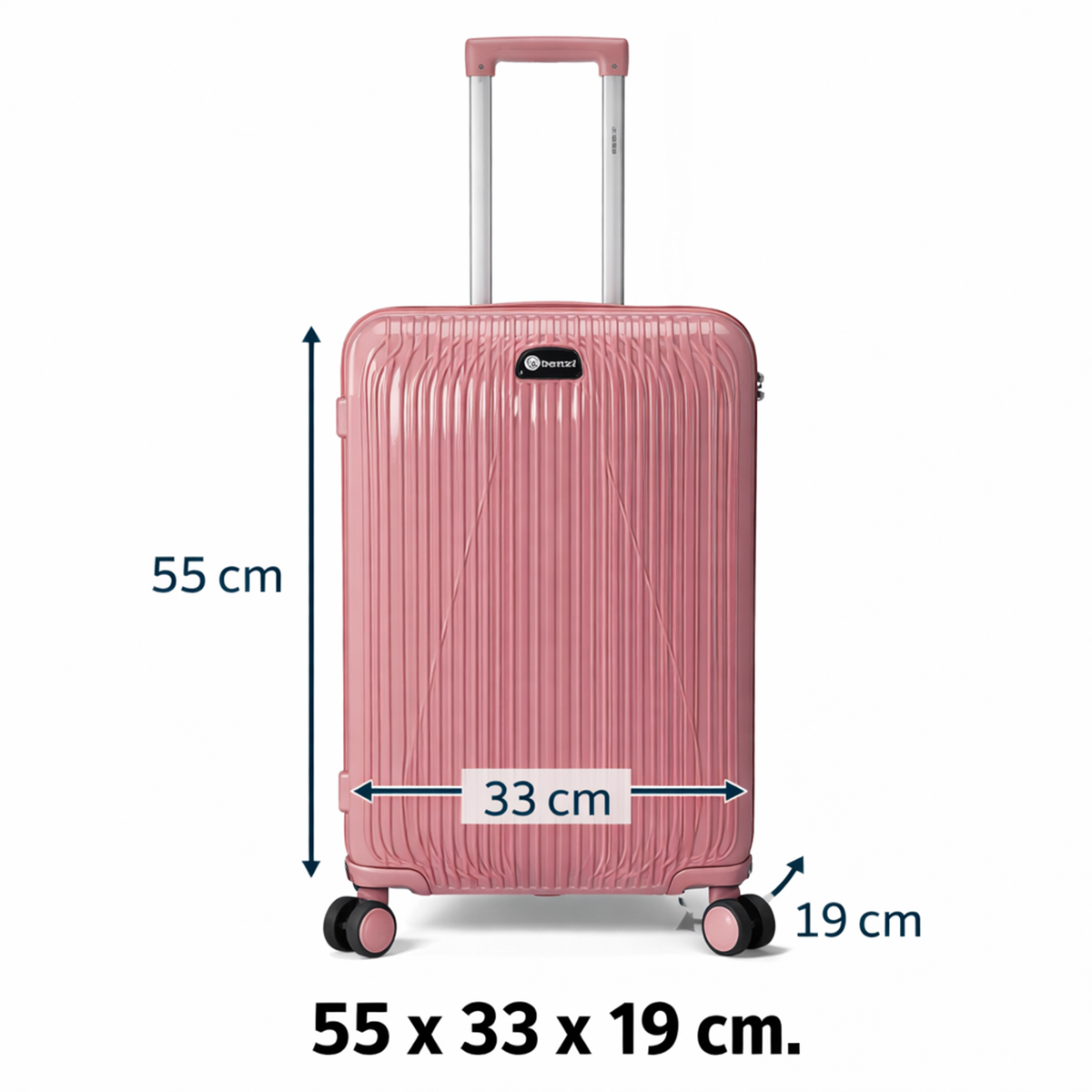 Una maleta de ruedas rosa con asa extensible y ruedas.