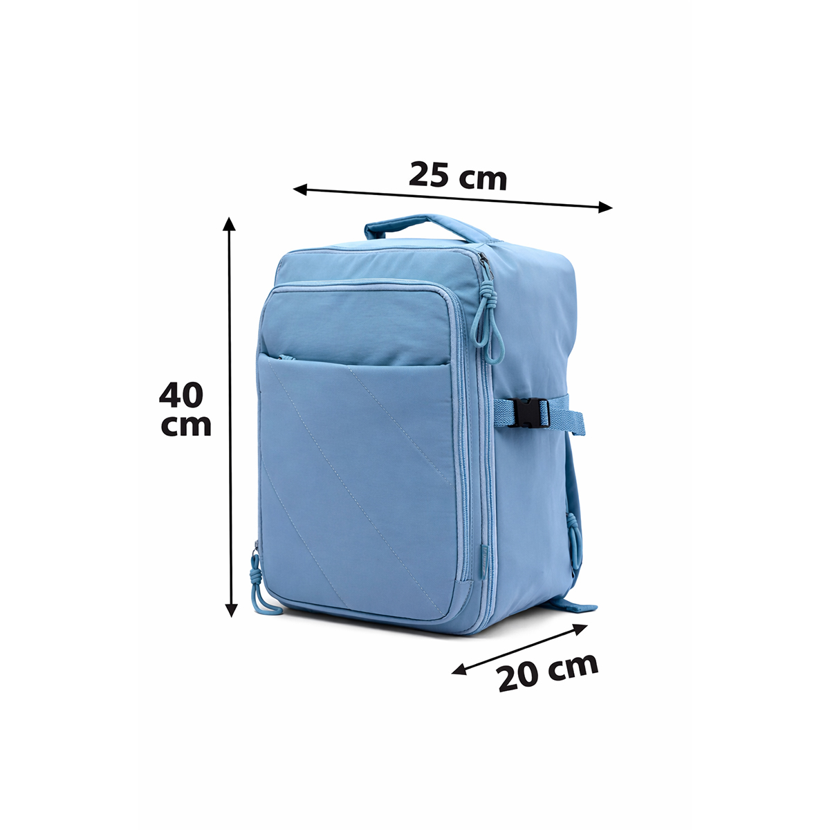 Mochila azul con dimensiones 40x25x20 cm.