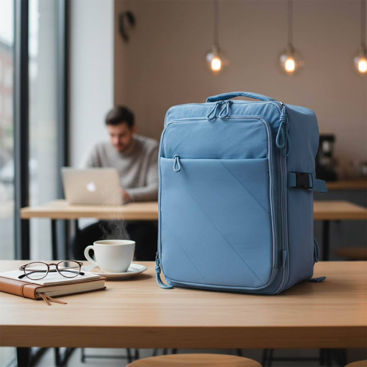 Una mochila azul sobre una mesa junto a un cuaderno, gafas y café. Un hombre trabaja en un portátil al fondo.
