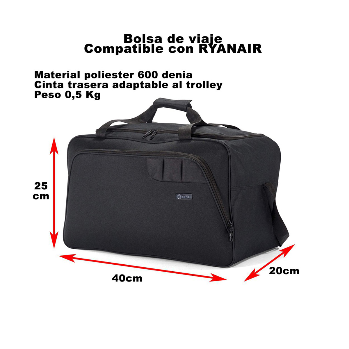 Bolsa de viaje negra, 40x20x25cm, compatible con Ryanair, poliéster, con cinta.