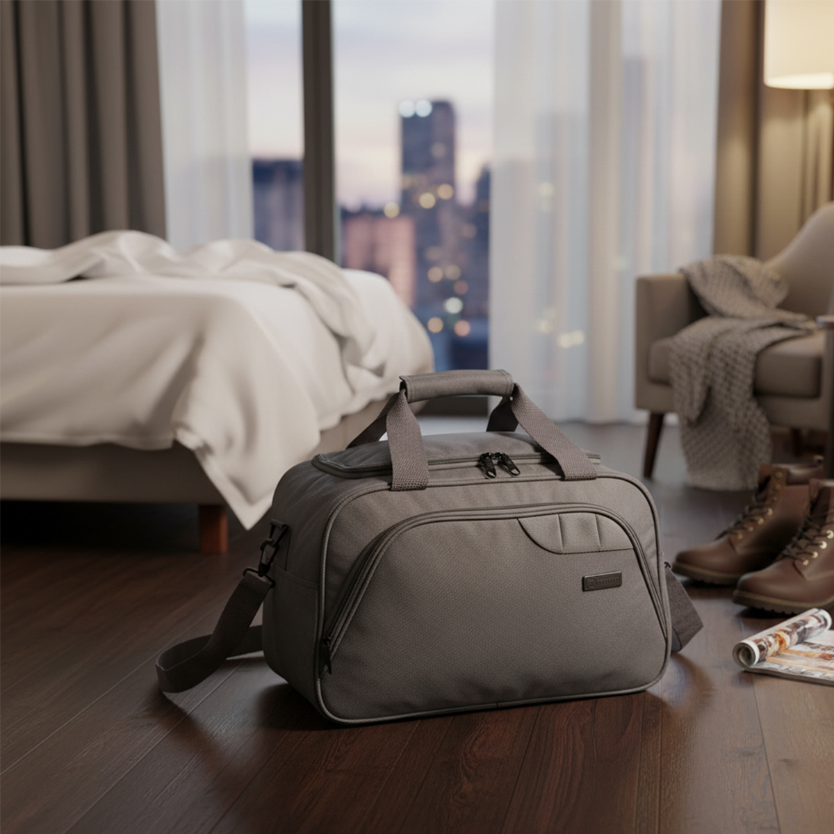 Bolso de viaje gris sobre suelo de madera, cama, sillón y botas.