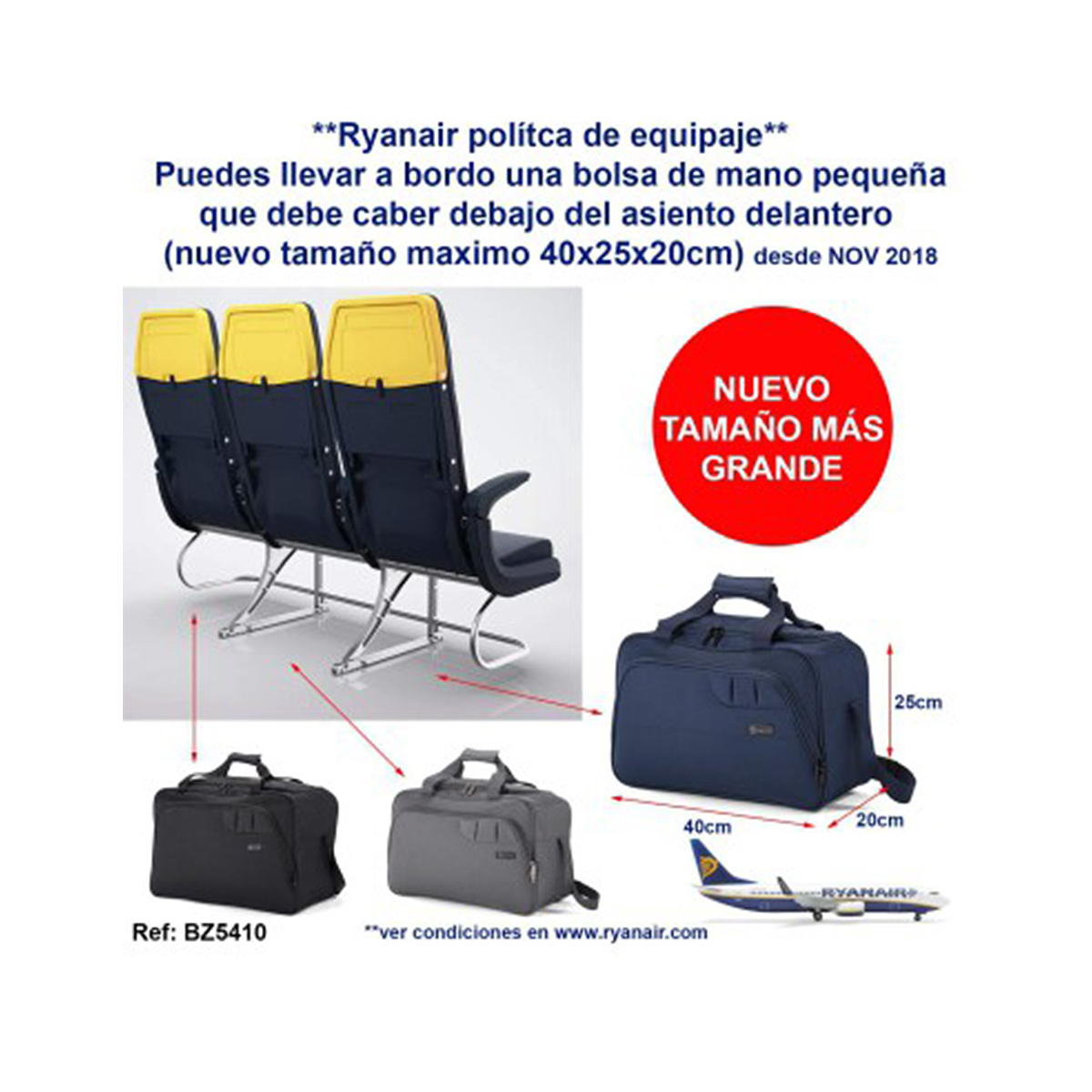 Normativa equipaje Ryanair: Bolso cabe bajo asiento. Medidas: 40x25x20cm.