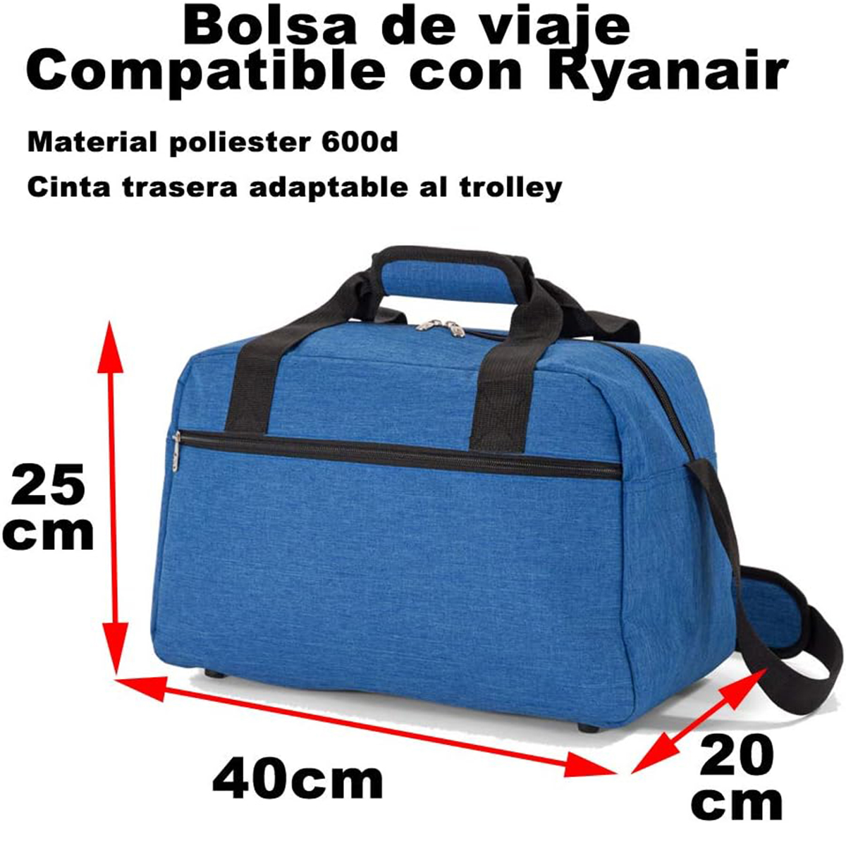 Bolso de viaje azul con asas y correas negras. Dimensiones: 40x25x20 cm.