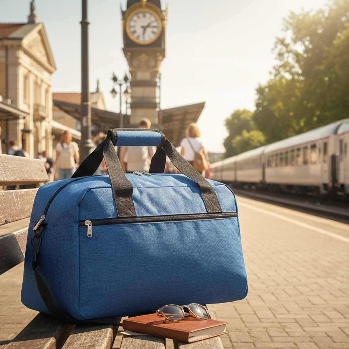 Bolso de viaje azul en un banco de estación con reloj y tren.