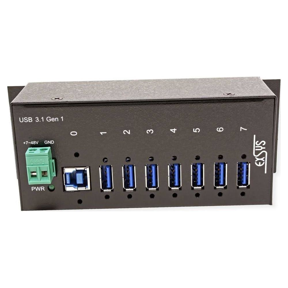 Un hub USB 3.1 Gen 1 nero con 7 porte e morsetto di alimentazione verde.
