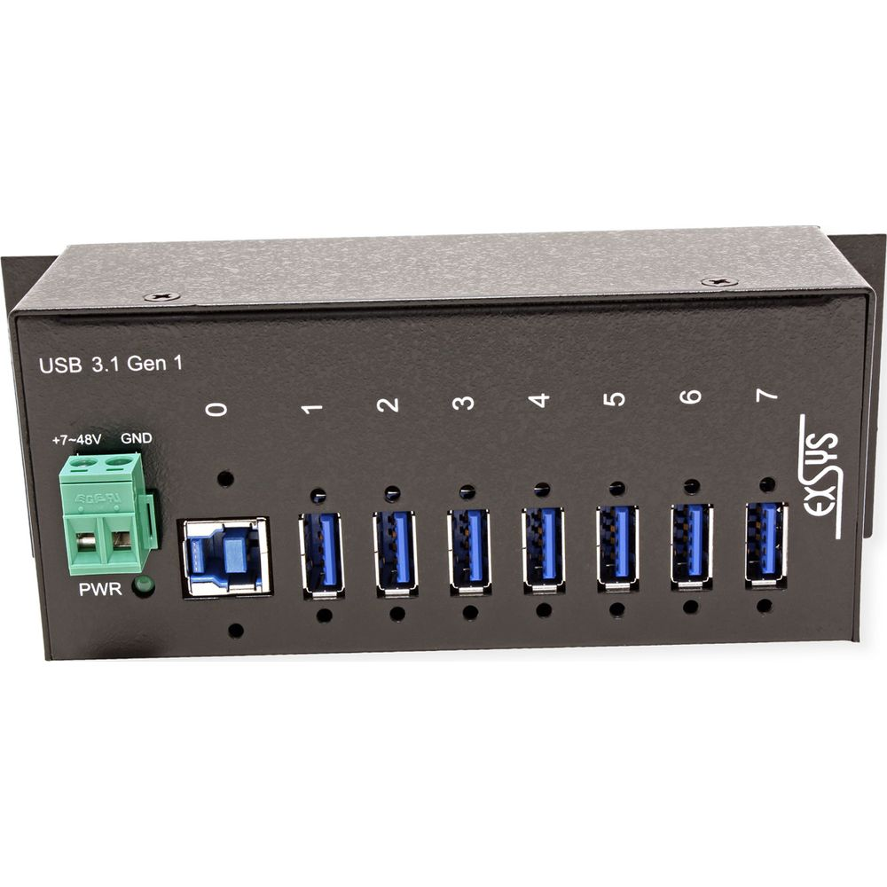 Hub USB 3.1 Gen 1 nero con 7 porte e connettore di alimentazione.