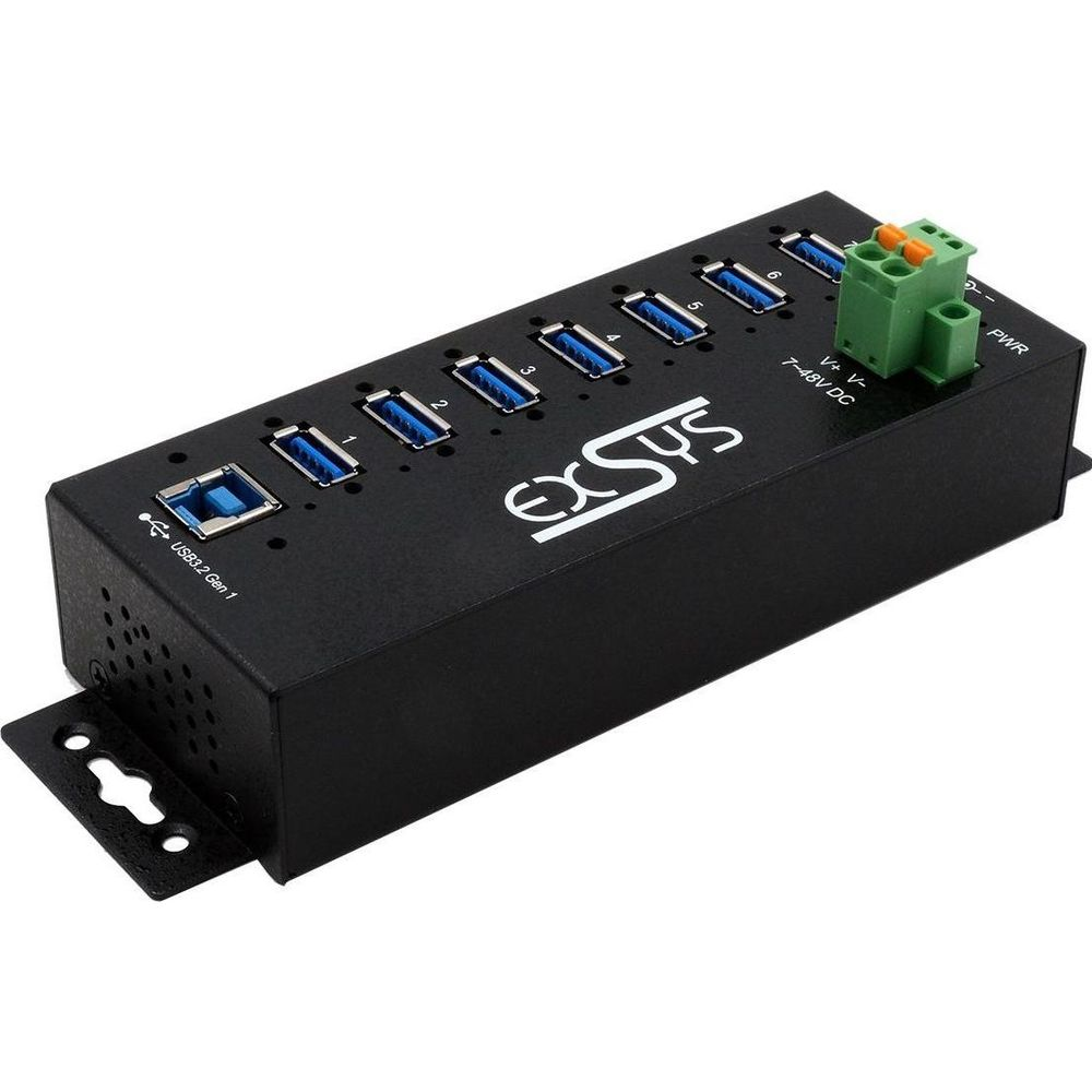 Hub USB nero a 7 porte, etichettato 1-7 e con connettore di alimentazione.