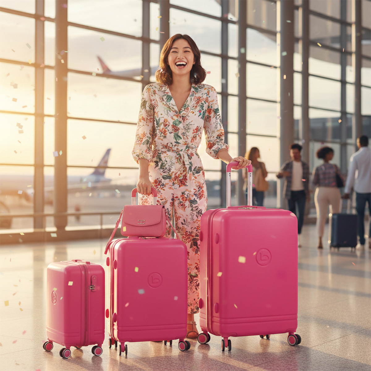 Mujer con tres maletas rosas en aeropuerto, cayendo confeti.