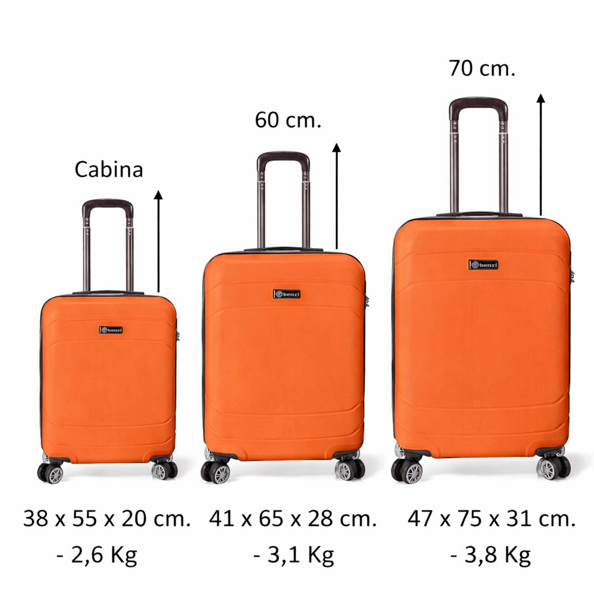 Tres maletas naranjas de diferentes tamaños, con ruedas y asas.