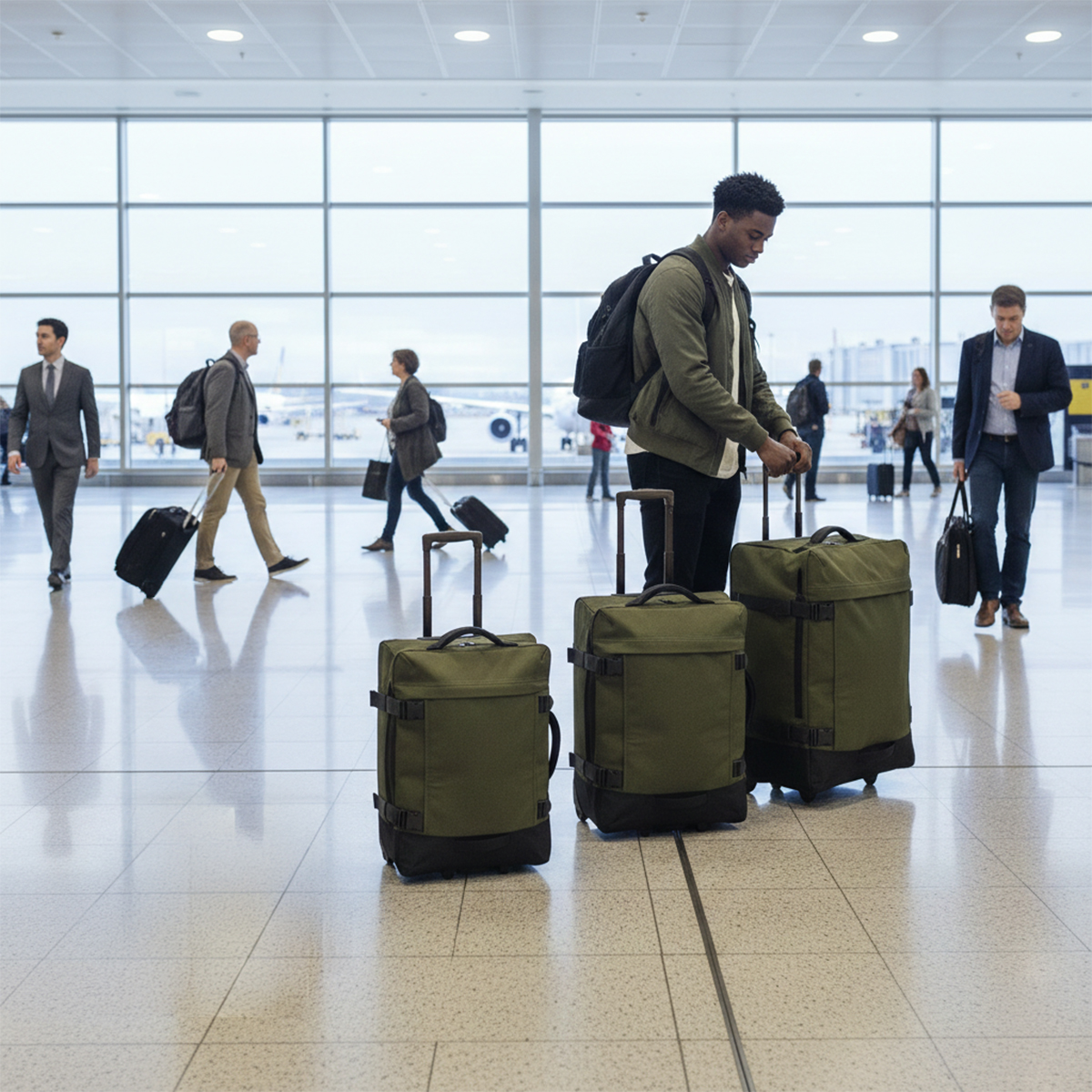 Gente en el aeropuerto, un hombre con chaqueta verde está con tres maletas verde oliva.