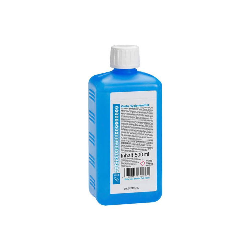Ein blauer Behälter mit weißem Deckel, gefüllt mit 500 ml Hygienemittel.