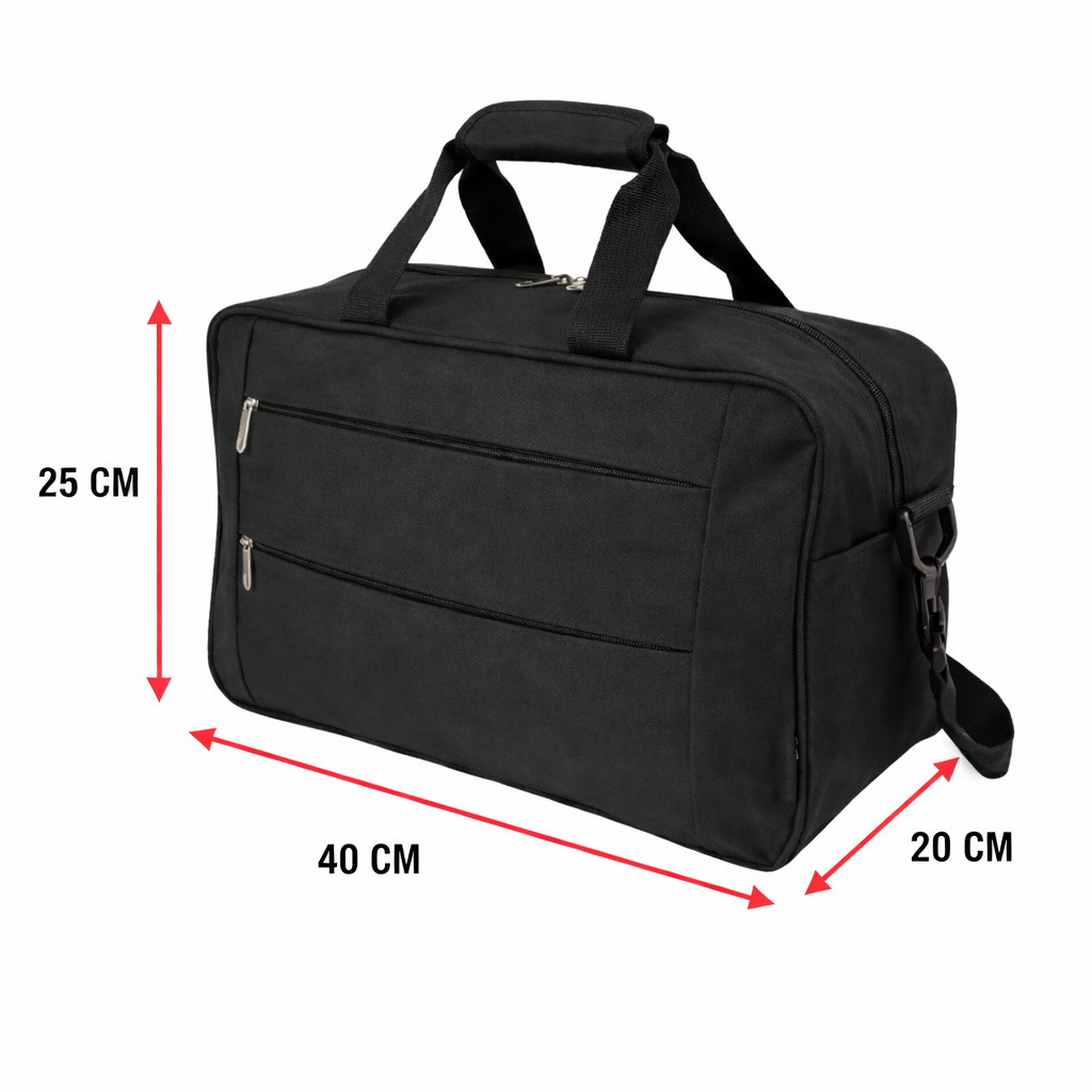 Bolsa de viaje negra con asas y correa. Dimensiones: 40x20x25 cm.