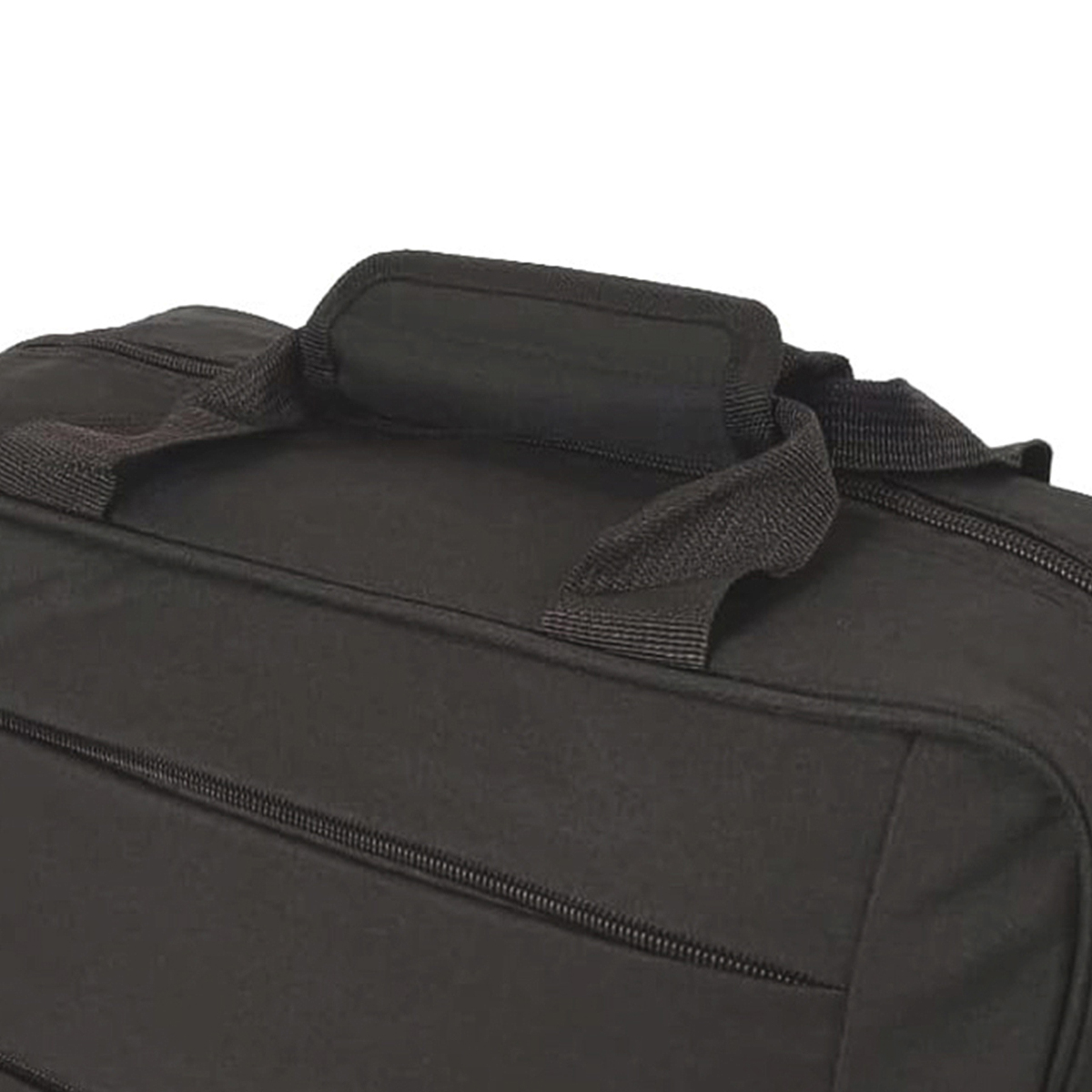 Primer plano de una bolsa de lona negra con asa y cremallera.