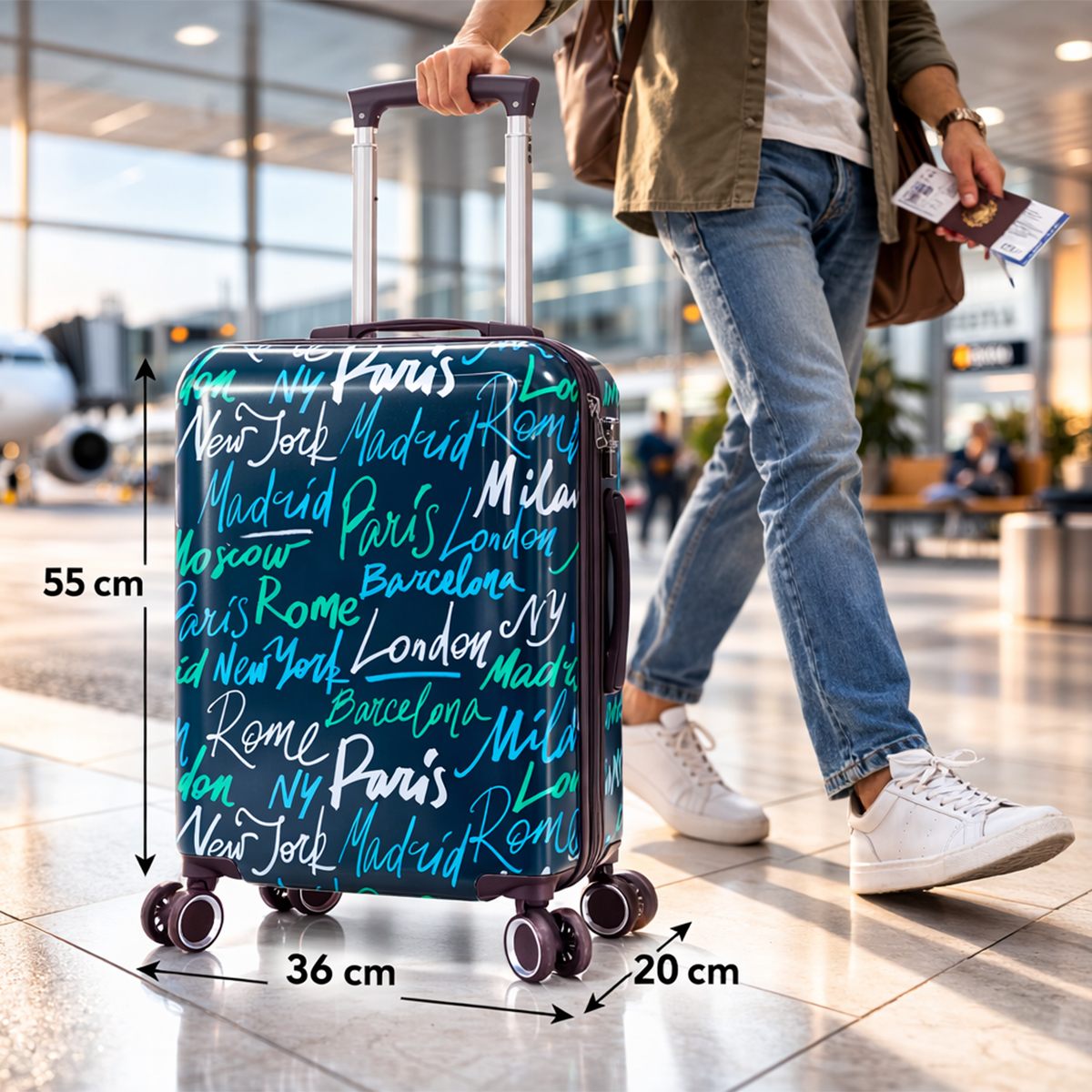 Hombre en aeropuerto empujando maleta con nombres de ciudades. Dimensiones indicadas.