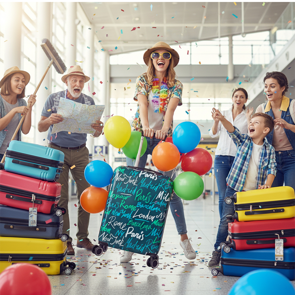 Gente con maletas, globos y confeti en aeropuerto, emoción por viajar.