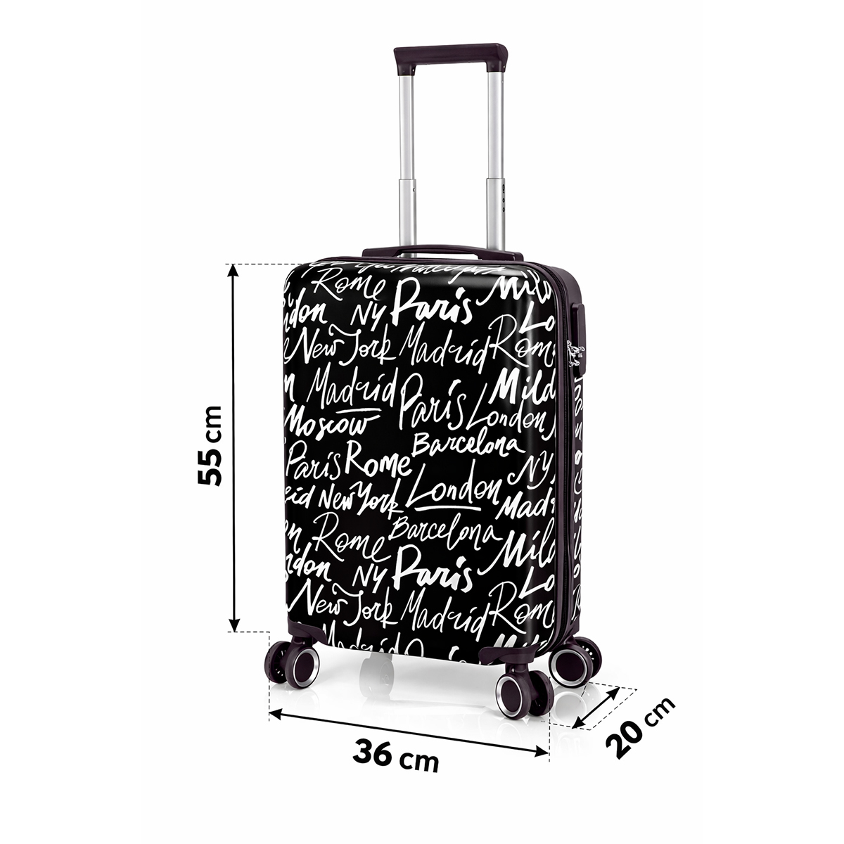 Maleta negra con texto blanco de nombres de ciudades. Dimensiones 55x36x20cm.