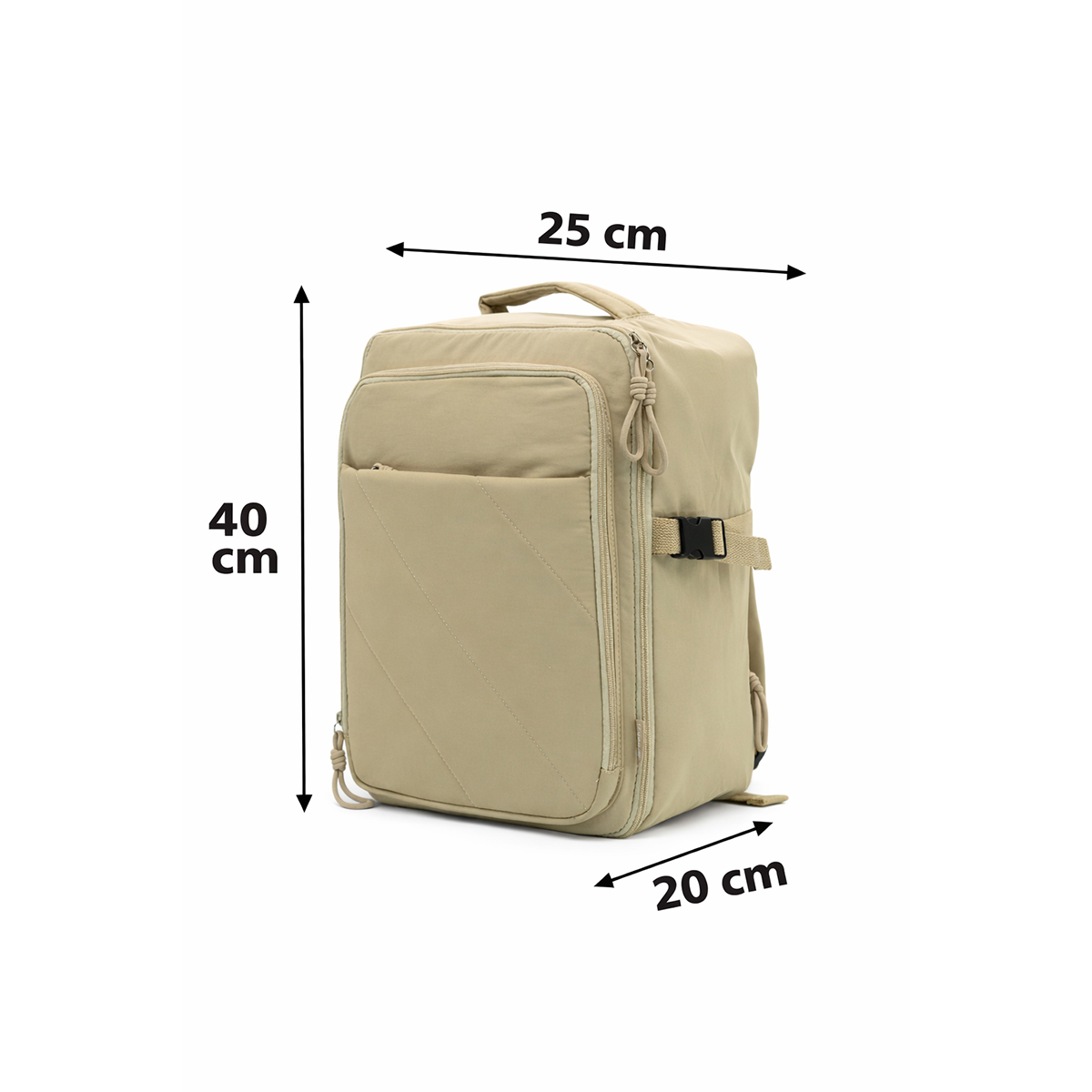 Mochila beige con dimensiones 40x25x20 cm, con bolsillo con cremallera.