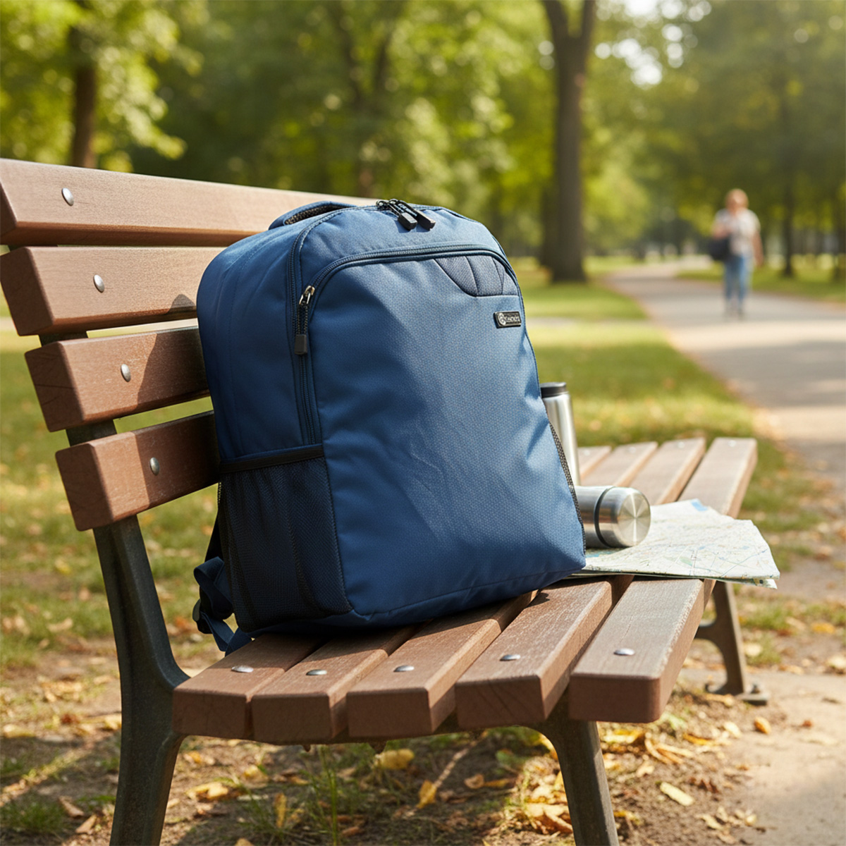 Una mochila azul en un banco del parque con mapa y termo. Una persona camina al fondo.