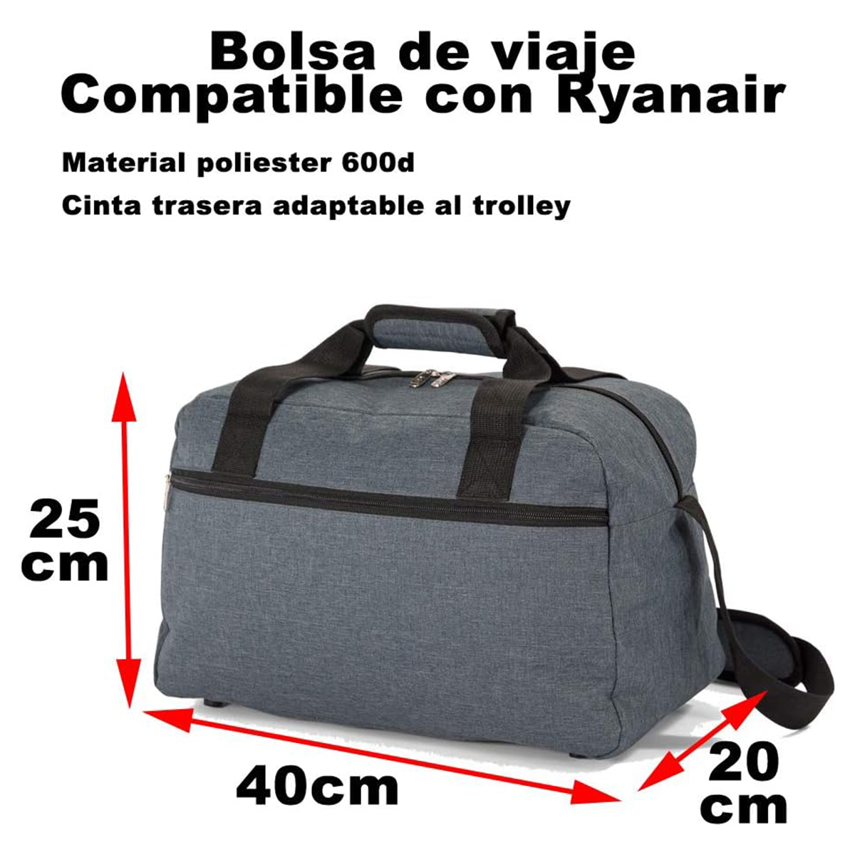 Bolsa de viaje gris, 40x25x20cm, compatible Ryanair, de poliéster.