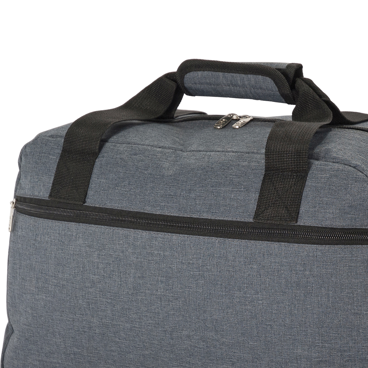 Bolsa de lona gris con asas y cremalleras negras sobre fondo blanco.