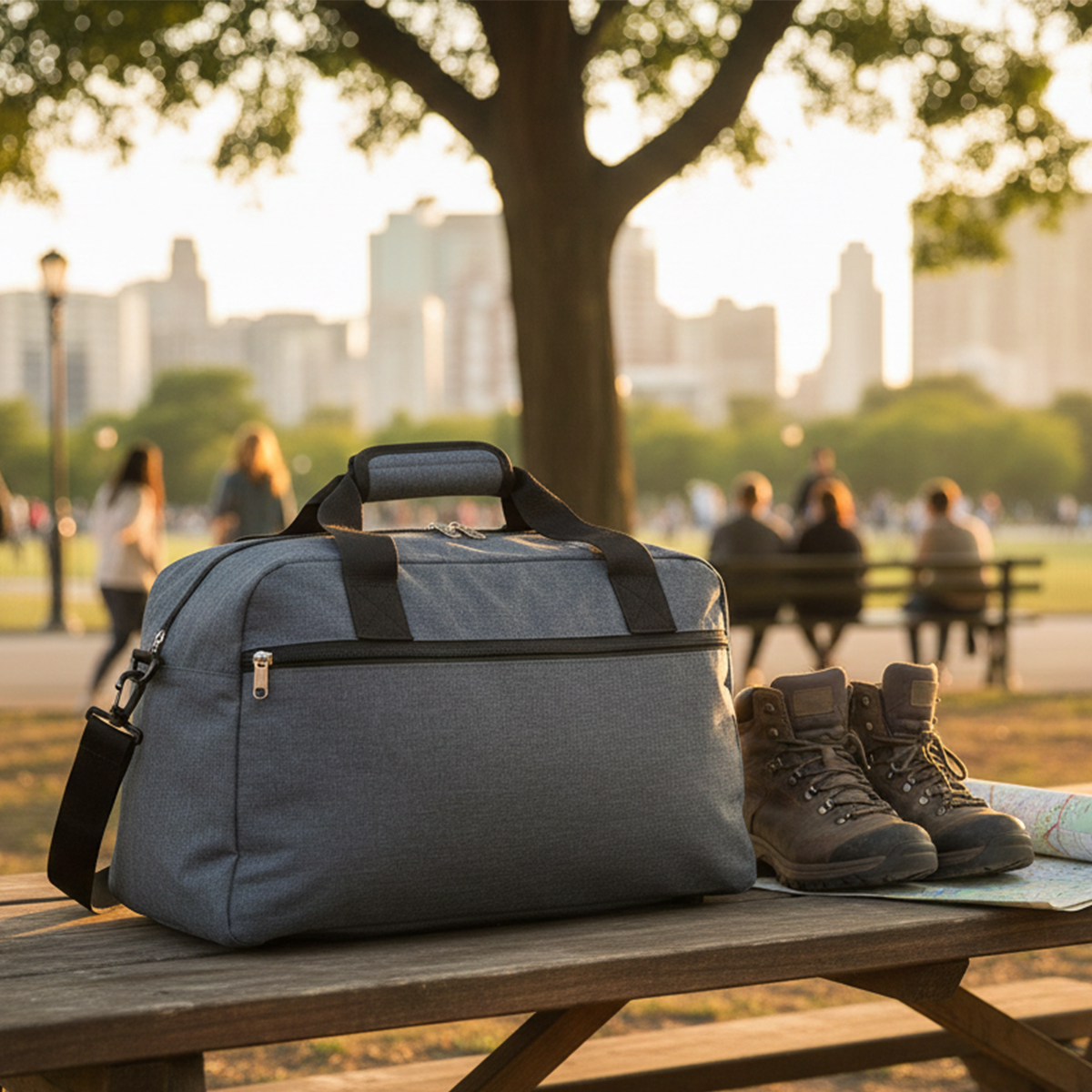 Bolsa de lona gris y botas de montaña marrones en un banco de parque al atardecer.