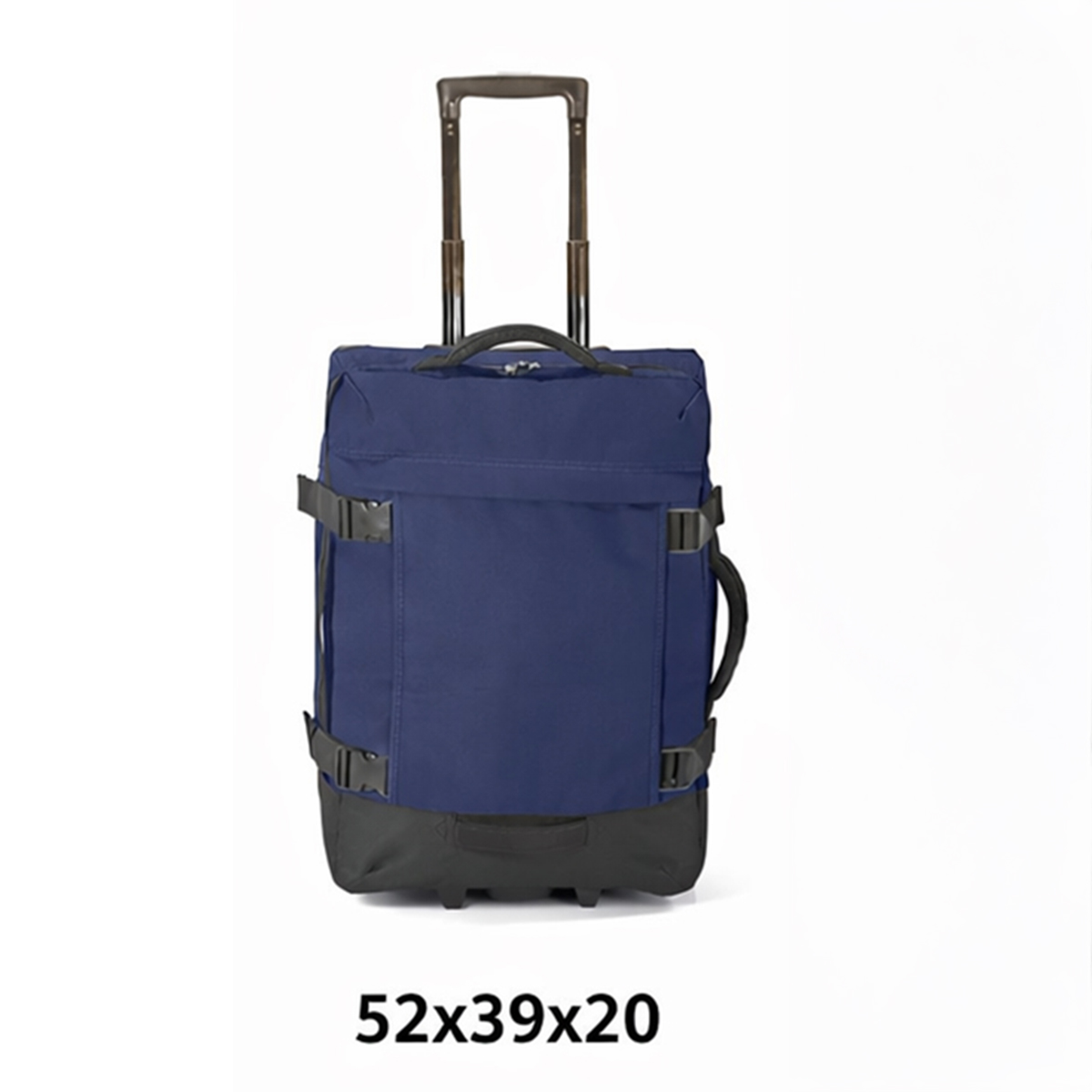 Maleta azul marino con ruedas, asa y base negra. Dimensiones 52x39x20.