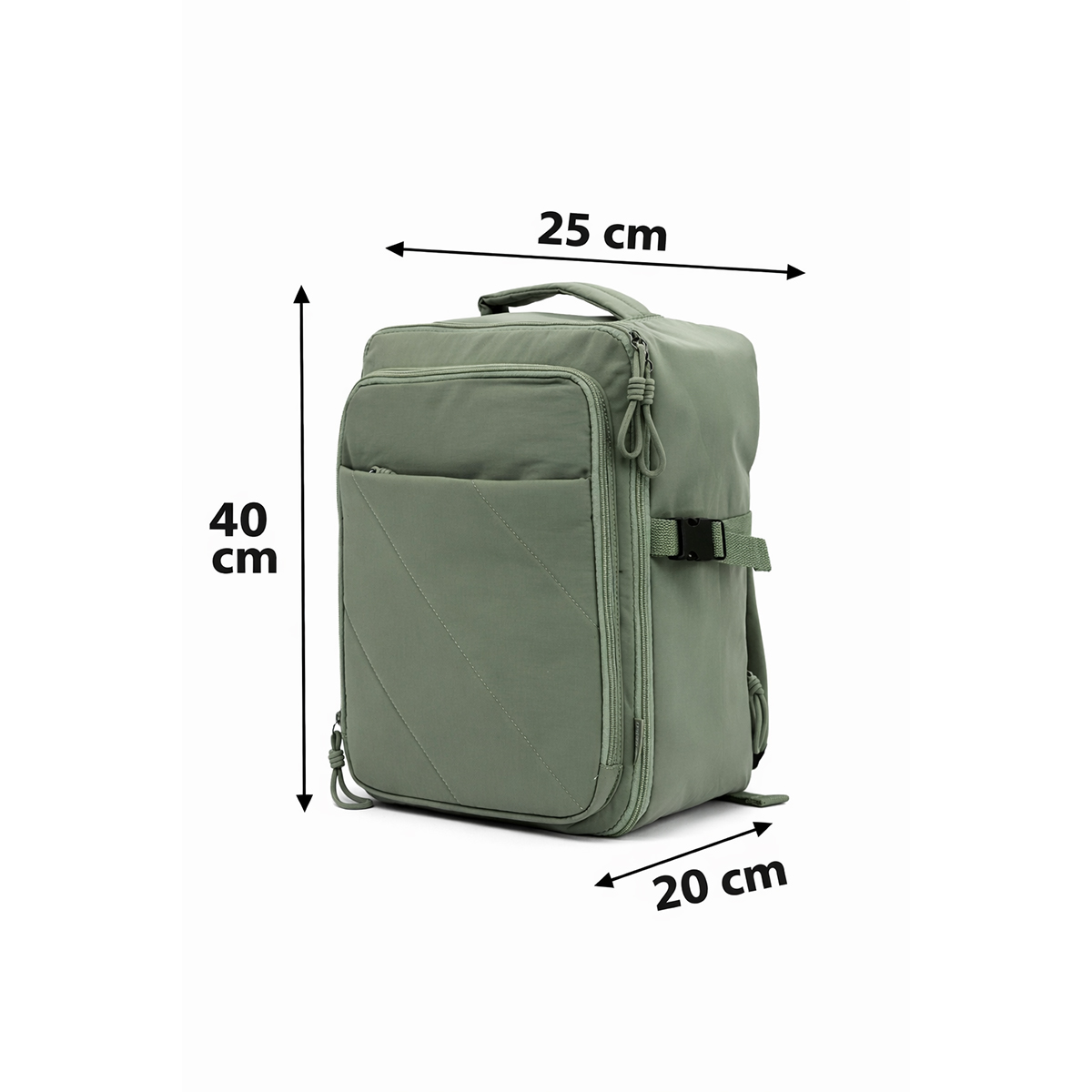 Mochila verde con medidas de 40x25x20 cm.
