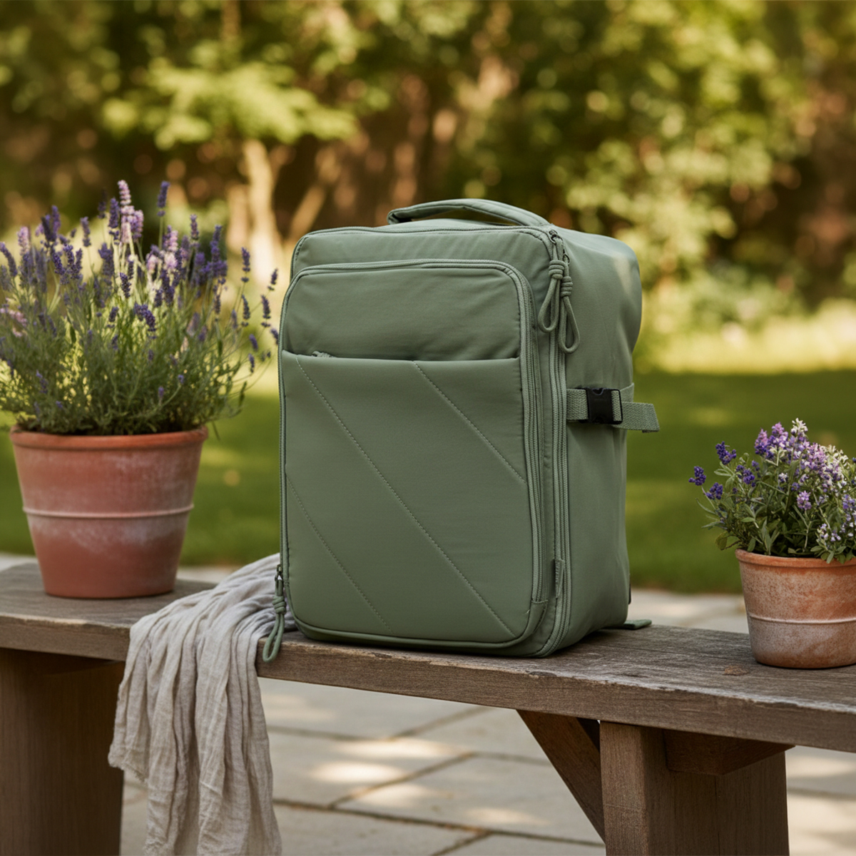Una mochila verde se sienta en un banco de madera junto a lavanda en maceta al aire libre.