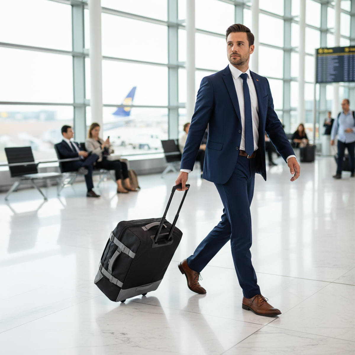 Hombre con traje azul arrastra maleta negra en aeropuerto.